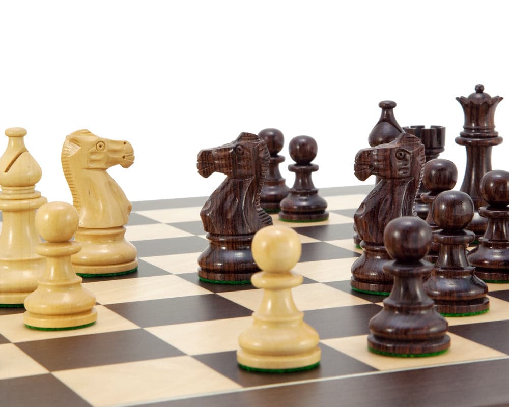 Atlantic Rosewood Chess Set with Staunton pieces on wenge board, showcasing rosewood knights and pawns for the ultimate luxury chess experience.