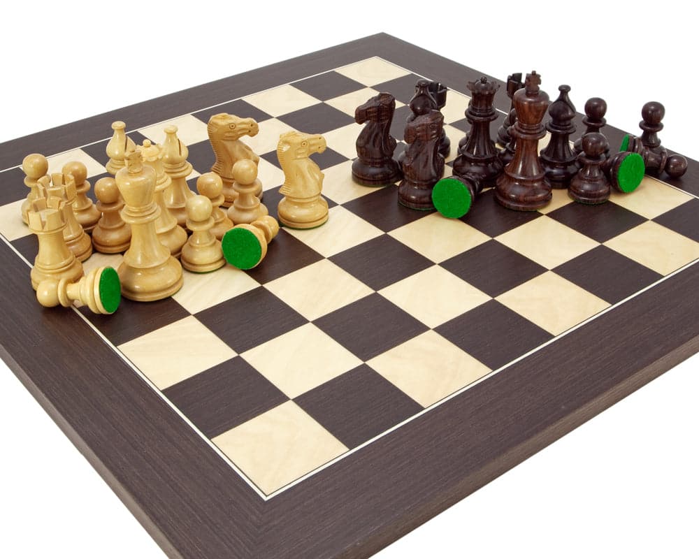 Atlantic Rosewood Chess Set with 3.75 inch Staunton pieces on a 19.7 inch wenge board, featuring weighted green billiard cloth bases