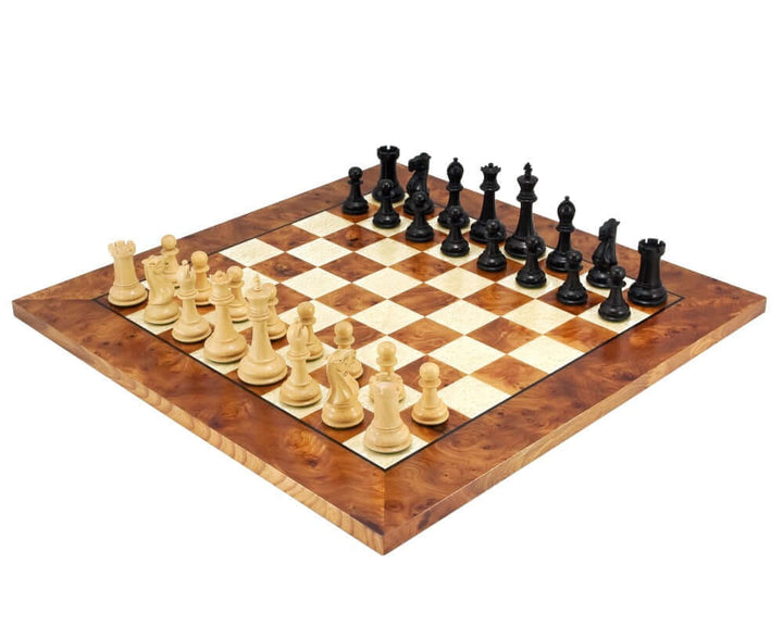 Victoria Burl Chess Set handmade in Italy, crafted from Briarwood and Elm veneer with satin lacquer, featuring intricate grain patterns and ebony-bordered squares.