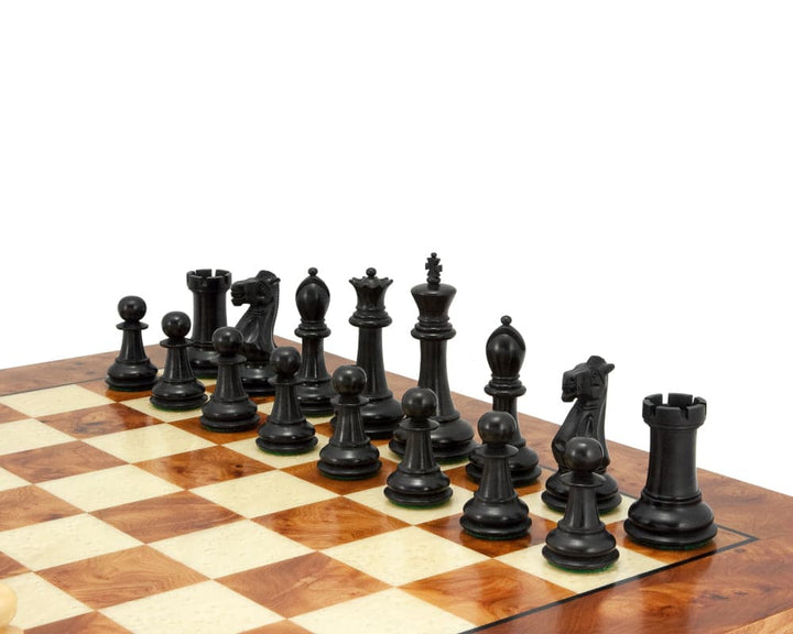 Victoria Burl Chess Set with handmade Briarwood and Elm veneer board, featuring black chess pieces, crafted in Italy with satin lacquer finish.