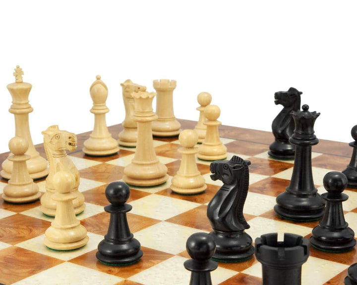 Victoria Burl Chess Set on handmade Italian Briarwood board with elegant ebony inlay and detailed chess pieces