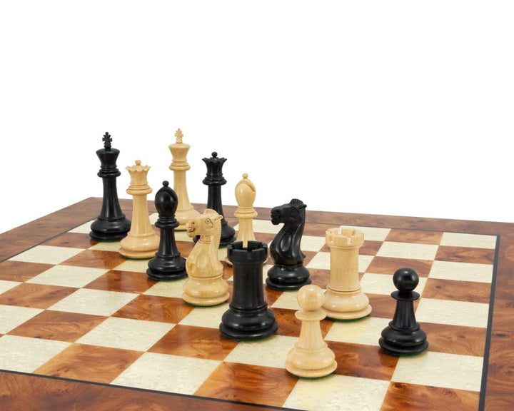 Handcrafted Victoria Burl Chess Set made from Briarwood and Elm veneer with ebony inlay, featuring intricately designed chess pieces.