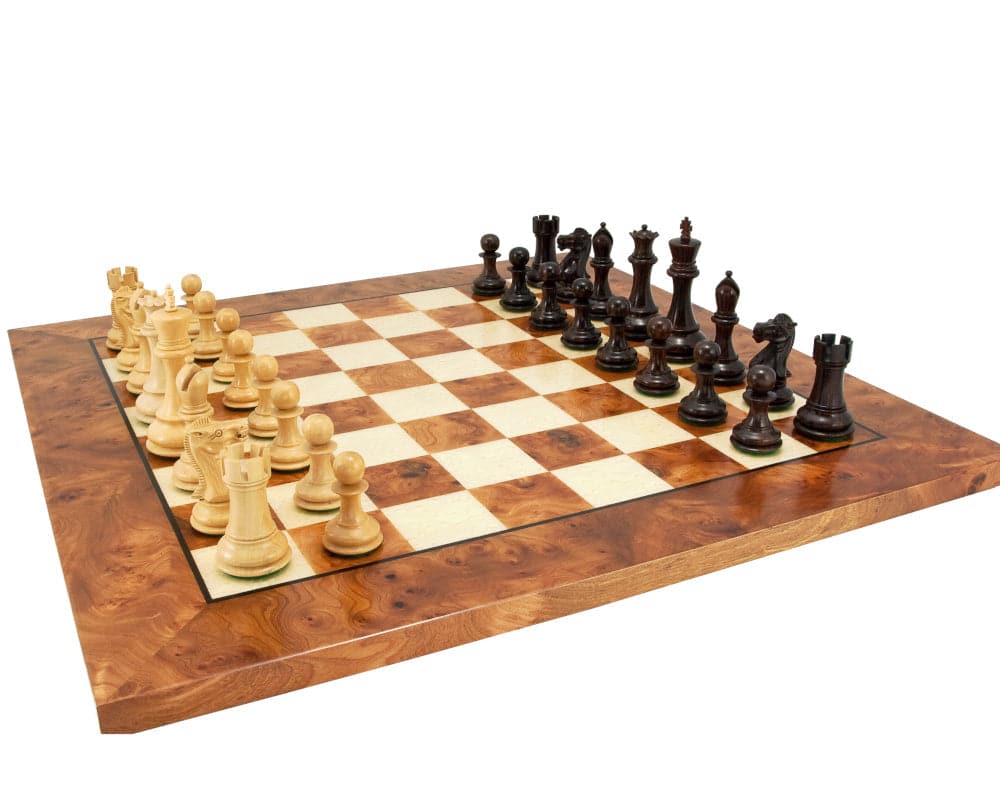 Sicilian Rosewood and Briarwood luxury chess set with contrasting wood pieces on an Italian handmade briarwood and elm veneer board