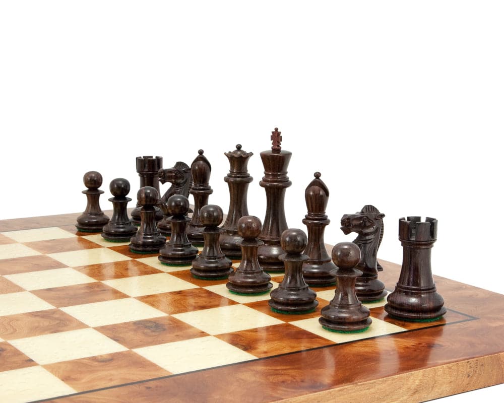 Sicilian Rosewood and Briarwood chess set with handmade Italian board, featuring deep satin lacquer finish and intricate wood grain patterns.