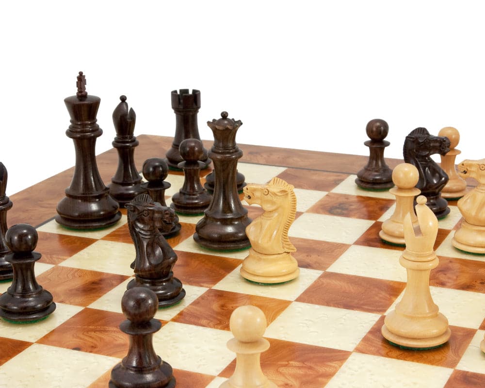 Sicilian Rosewood and Briarwood Luxury Chess Set on Handmade Elm Veneer Board