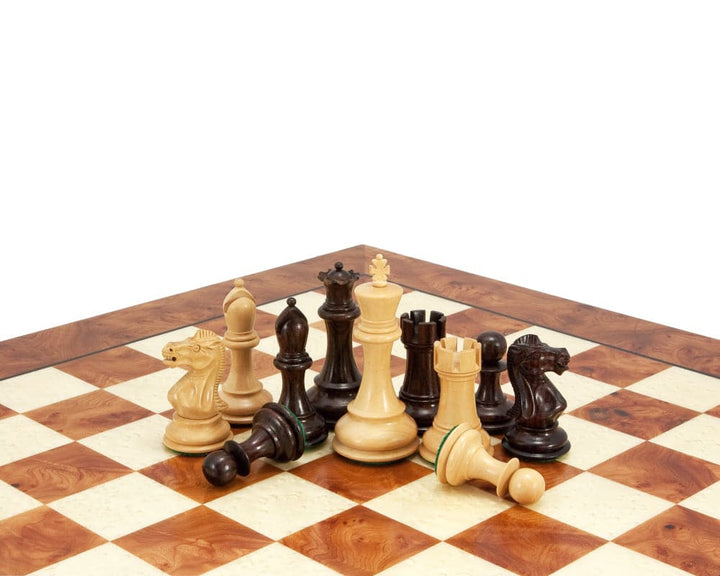 Sicilian Rosewood and Briarwood luxury chess set handmade in Italy with contrasting woods on an inlaid briarwood and elm veneer board