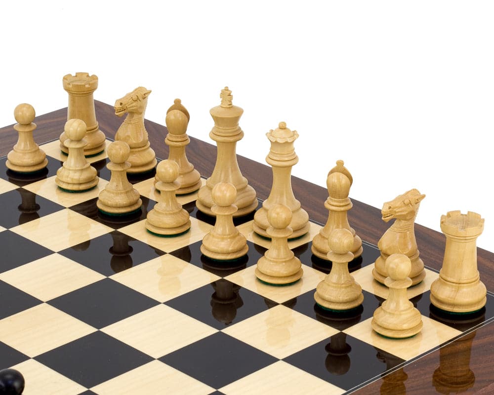 Elegant Palisander Chess Set with classic Staunton design on high gloss board, ebony pieces, and 3-inch king.