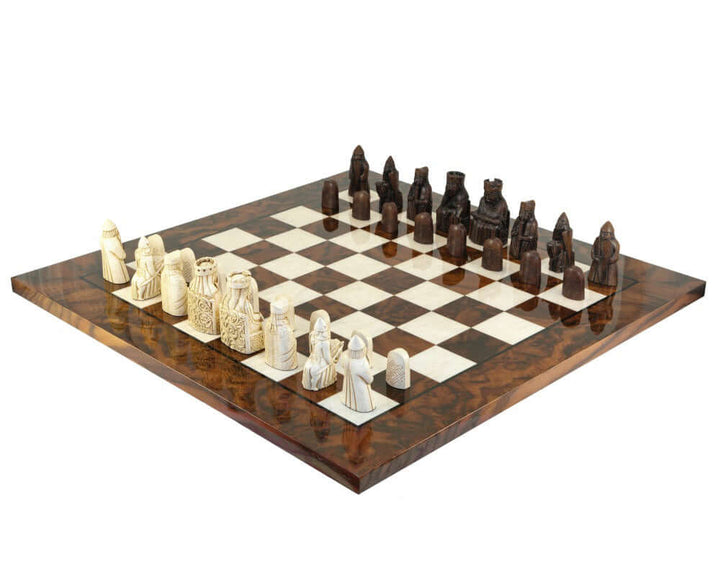 The Isle of Lewis Italian Briarwood Chess Set featuring intricately crafted chess pieces on a luxurious Italian Briarwood board.