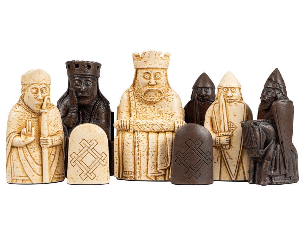 Isle of Lewis chessmen set featuring intricately carved historic chess pieces.