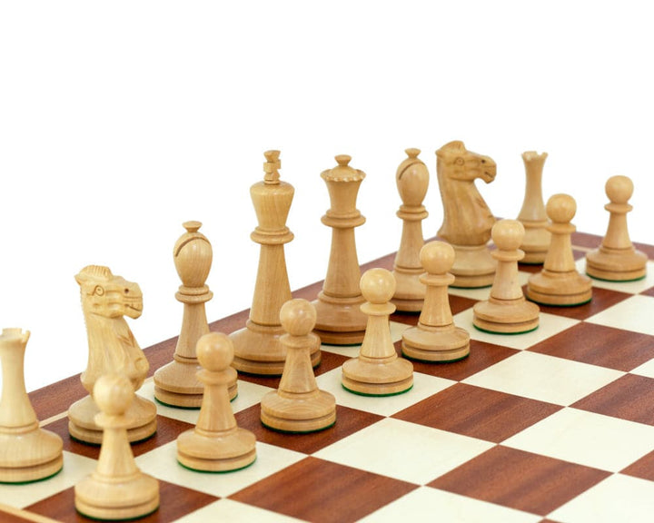 Blackmore Sheesham and Mahogany Chess Set with high-quality wooden chess pieces on a maple and mahogany board