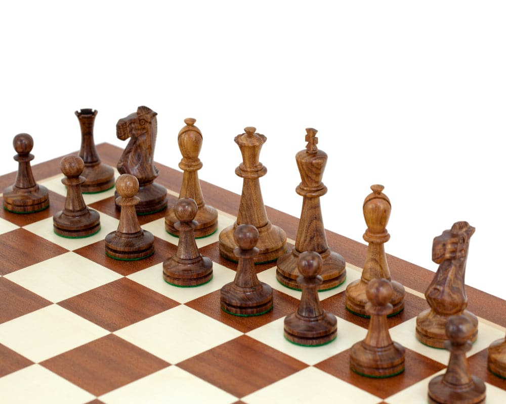 Blackmore Sheesham and Mahogany Chess Set on high quality mahogany and maple board with detailed chess pieces.