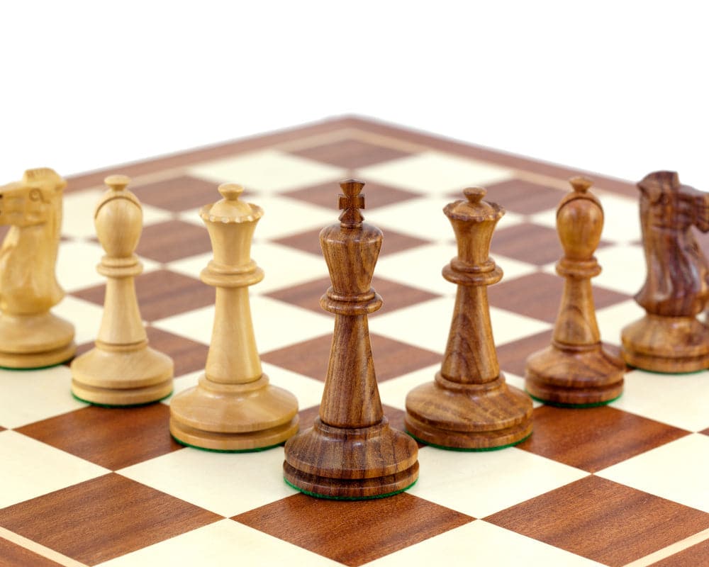 Blackmore Sheesham and Mahogany Chess Set with high-quality mahogany and maple board showcasing finely crafted chess pieces