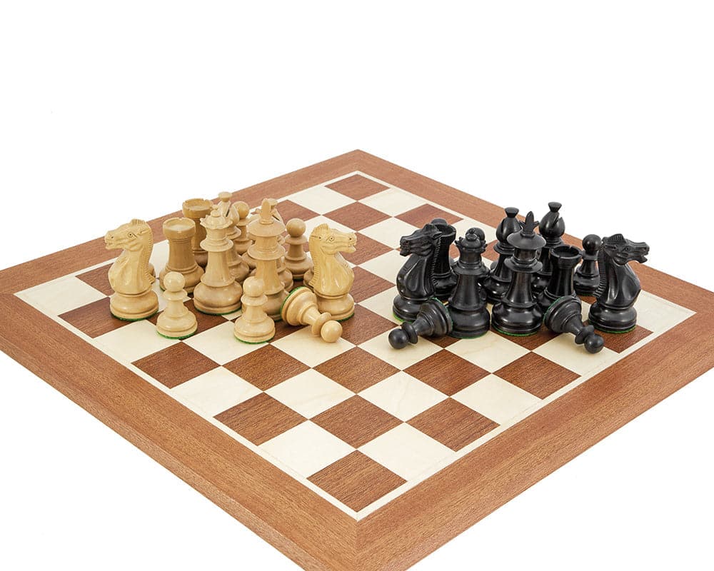 Royal Flower mahogany chess set with ebonised boxwood pieces on a European Mahogany and Maple board with satin lacquer finish.