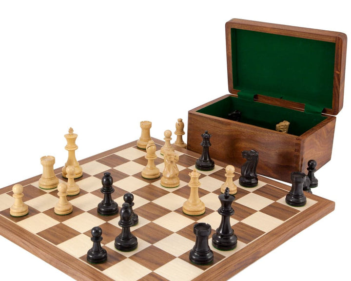 Supreme Ebony Tournament Chess Set with 3.5-inch ebony pieces and a Walnut and Maple board including a Sheesham wood storage case