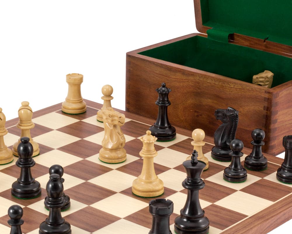 Supreme Ebony Tournament Chess Set with Staunton style pieces on Walnut and Maple board, Sheesham wooden chess case in background