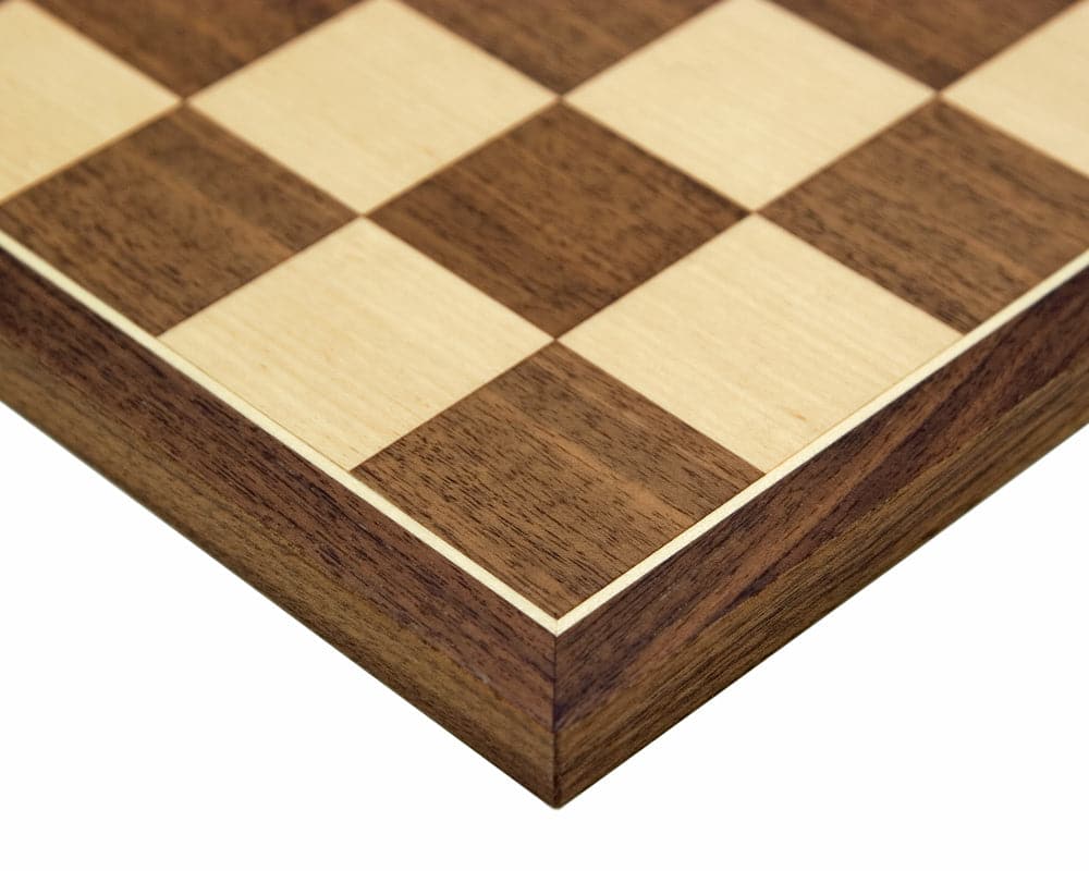 Close-up of luxurious Walnut and Maple chess board corner from the Supreme Ebony Tournament Chess Set.