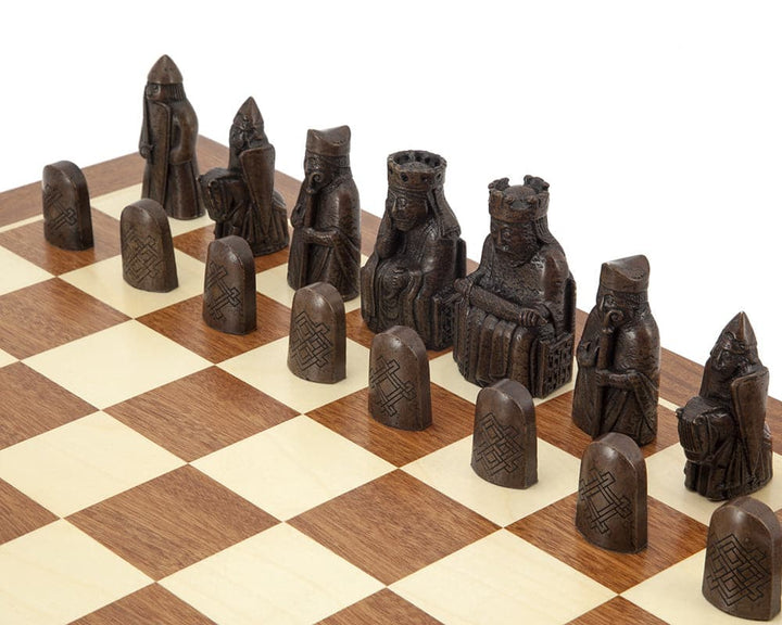 The Isle Of Lewis Large Mahogany Chess Set on chessboard with handcrafted pieces from Regency Chess Company.