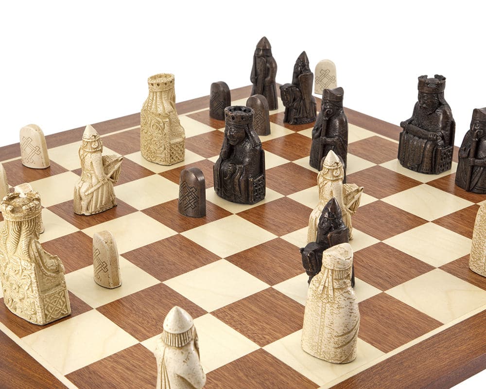 The Isle of Lewis large mahogany chess set with exquisite handcrafted pieces and a luxurious mahogany and maple chessboard.