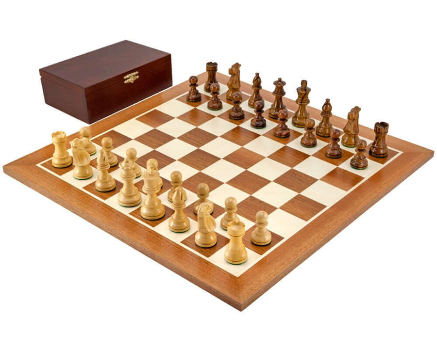 French Knight Sheesham Mahogany Chess Set with 3.25-inch King and Wooden Box on Mahogany and Maple Board