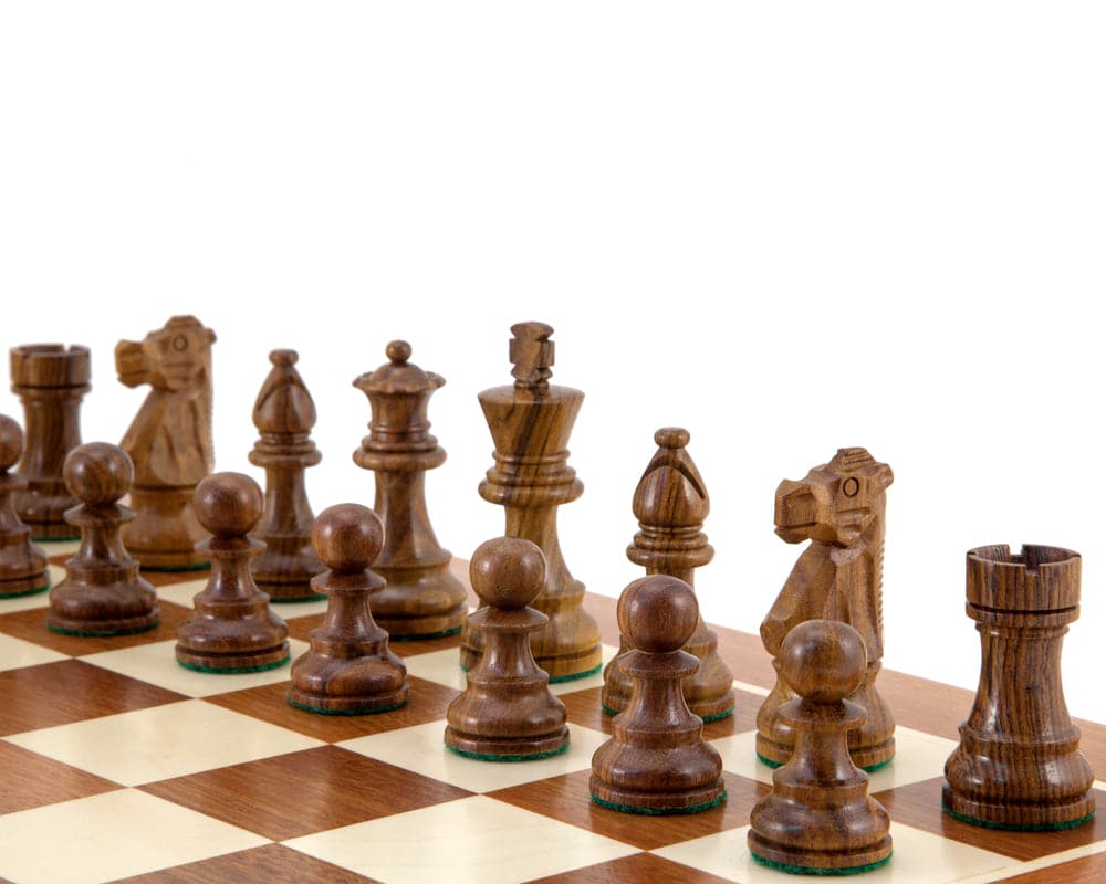 French Knight Sheesham Mahogany Chess Set with Hand Carved Staunton Chessmen on Mahogany and Maple Board