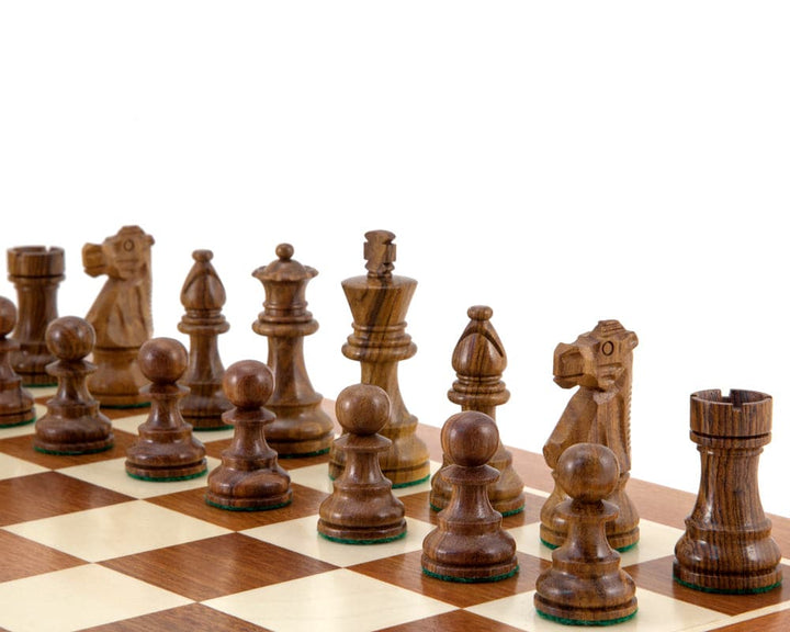 French Knight Sheesham Mahogany Chess Set with Hand Carved Staunton Chessmen on Mahogany and Maple Board