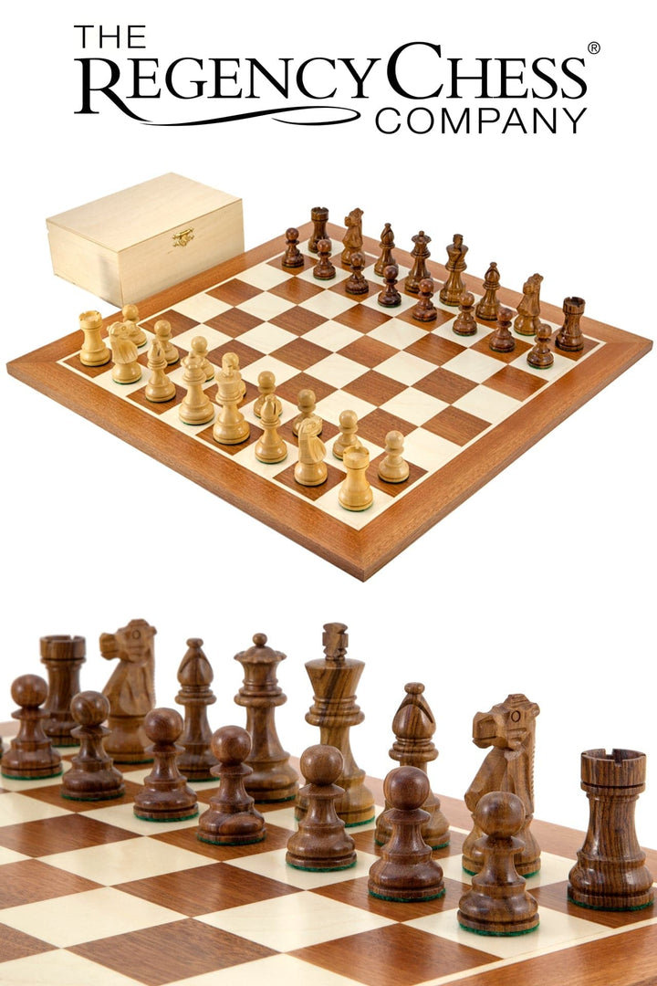 French Knight Sheesham Mahogany Chess Set with wooden box and hand-carved, weighted pieces on mahogany and maple board by Regency Chess Company