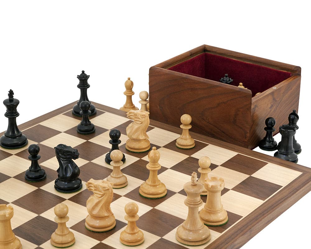 Competition Compact Walnut Chess Set with Staunton design pieces on a maple board and sheesham case.