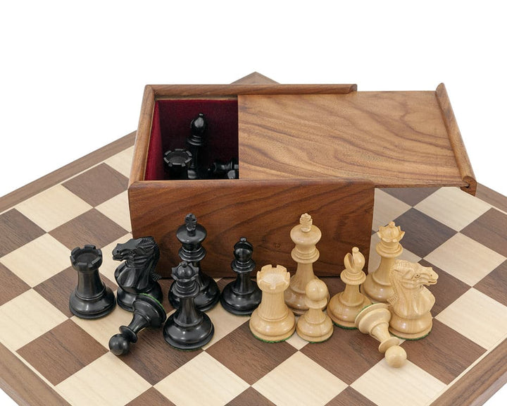 Competition Compact Walnut Chess Set with Staunton pieces, walnut and maple board, and sheesham case.