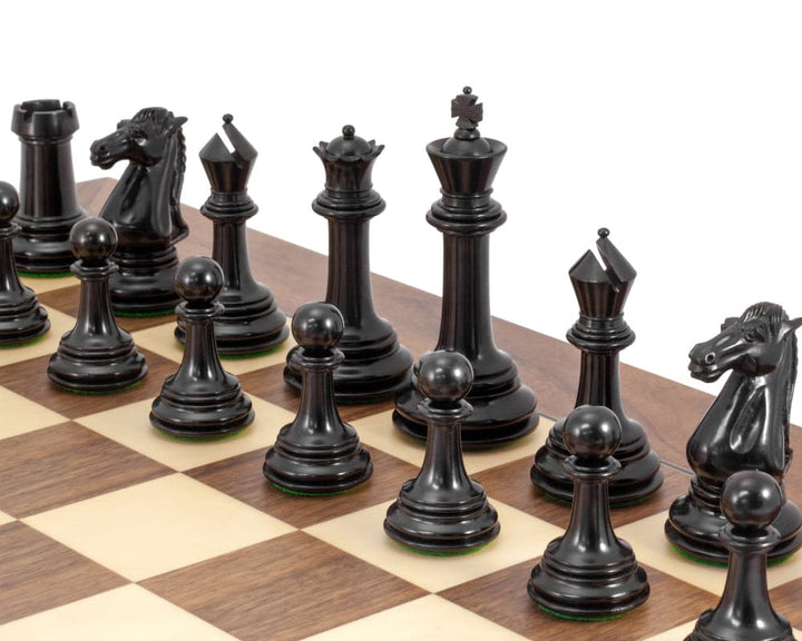 Parthenon Grand Ebony and Walnut Chess Set with highly polished Staunton pieces on a luxury Spanish chessboard.