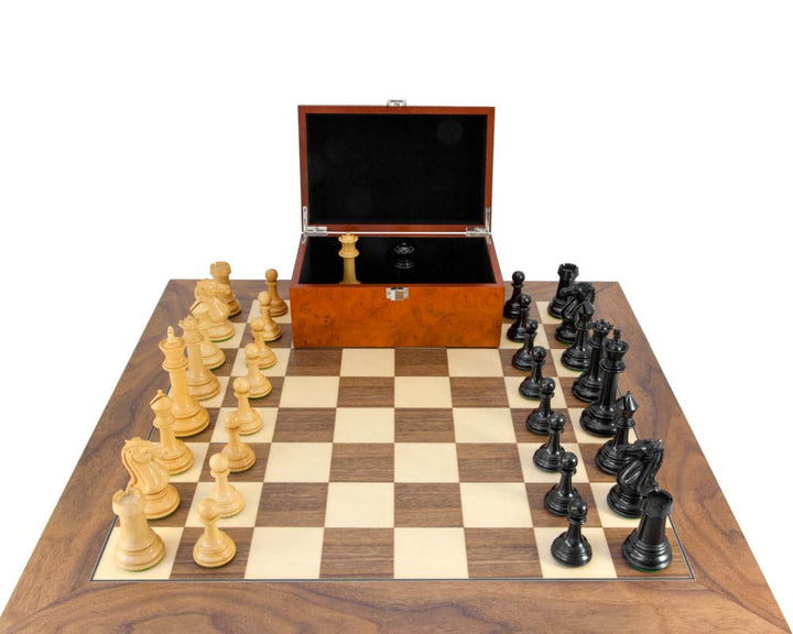 Parthenon Grand Ebony and Walnut Chess Set with 4.5 inch King, luxury Spanish chessboard, and handcrafted Staunton pieces in ebony and boxwood.