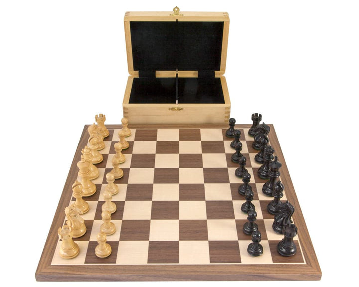 Fierce Knight Black Tournament Chess Set with 3 inch king, walnut and maple board, and wooden storage box displayed on Regency Chess website