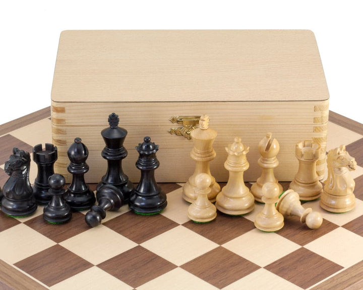 Fierce Knight Black Tournament Chess Set with walnut and maple board, Staunton pieces, and storage box