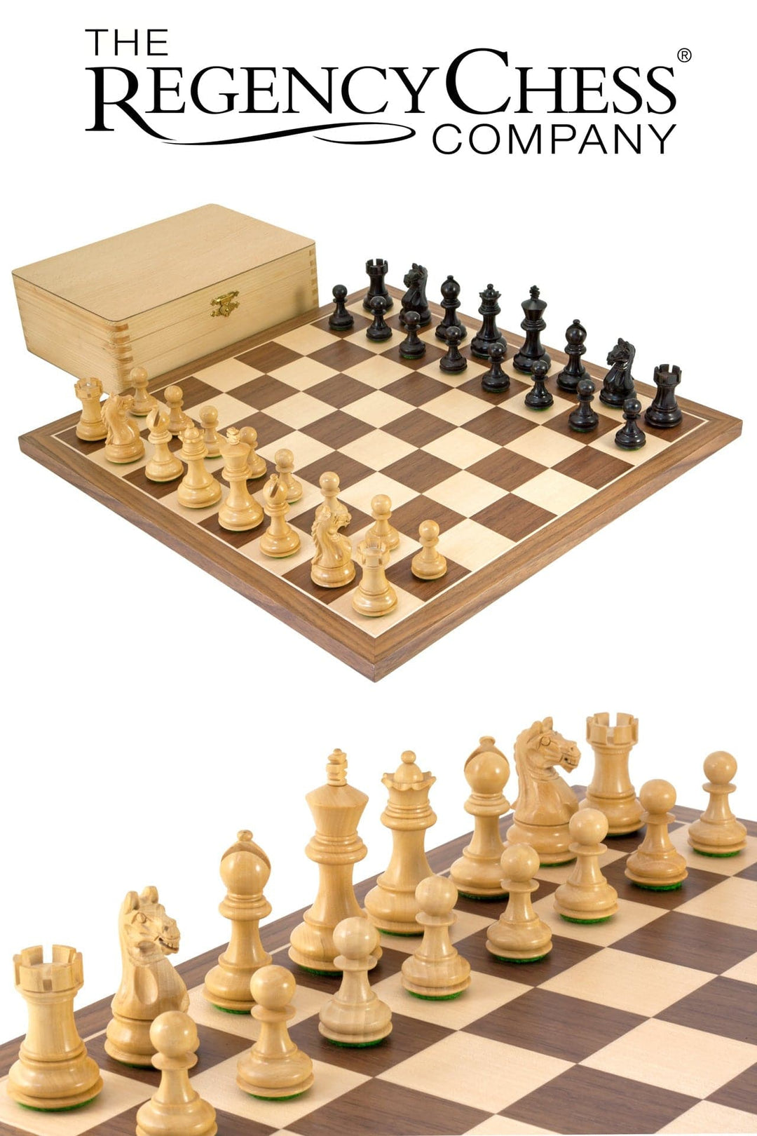 Fierce Knight Black Tournament Chess Set on walnut and maple board by Regency Chess Company, includes wooden storage box