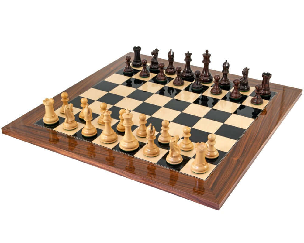 Luxurious Sandringham Grand Rosewood Chess Set with high gloss Palisander and black Anegre board, featuring hand-crafted Indian Rosewood chessmen