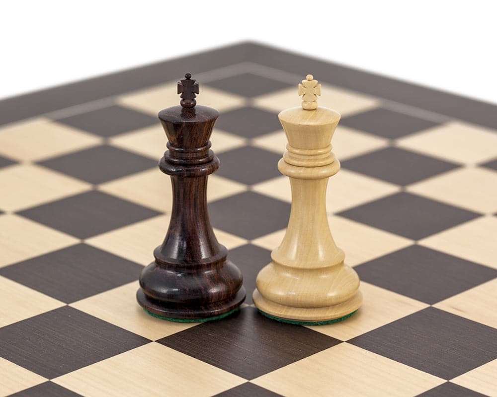 Rosewood and wenge king pieces from Sandringham Luxury Chess Set on deluxe chessboard