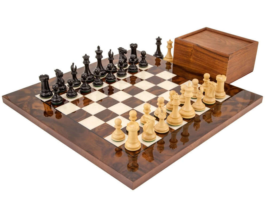 Highclere Ebony and Walnut Luxury Chess Set with Italian board and solid sheesham storage box, classic Staunton design, 3 inch king pieces.