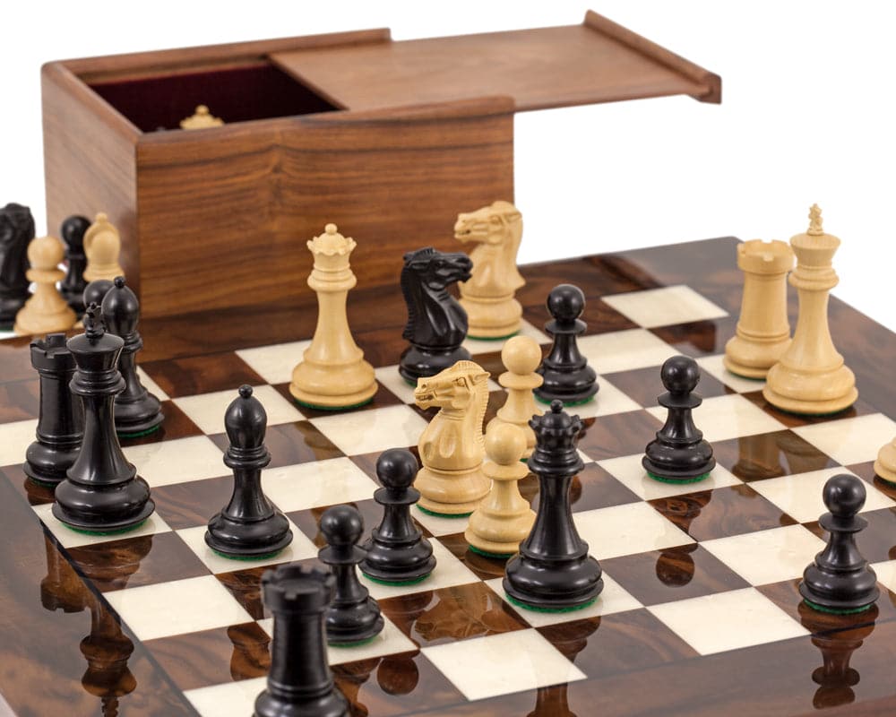 Luxurious Highclere Ebony and Walnut Chess Set with Classic Staunton Design and Sheesham Storage Box on Italian Wooden Board