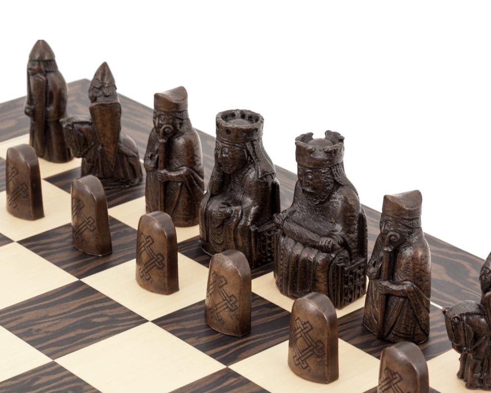 Isle of Lewis Tiger Ebony Chess Set on maple board with detailed British chess pieces and captivating historical design