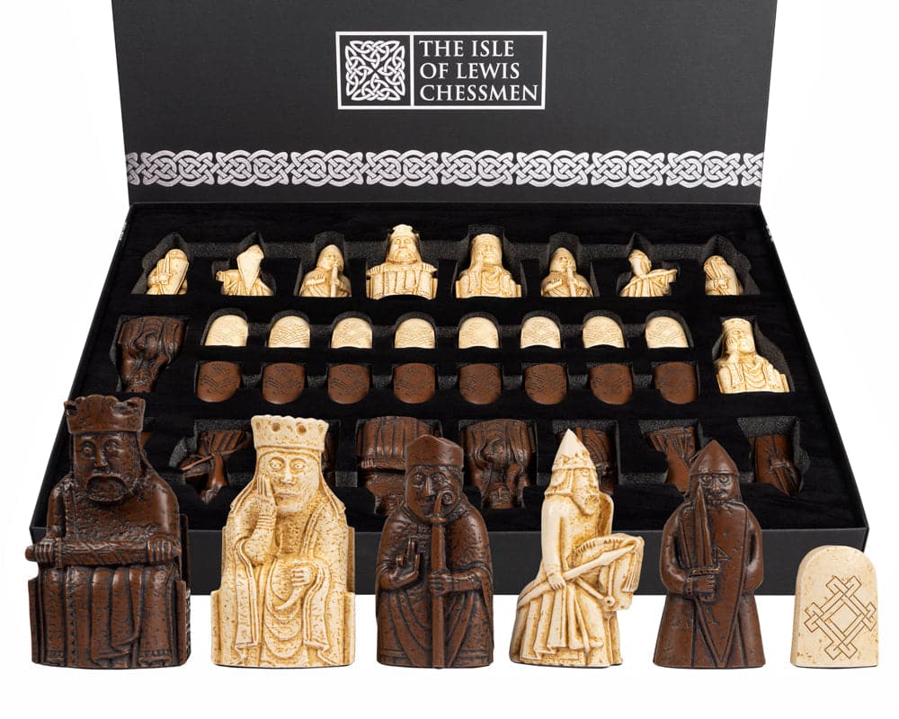 Isle of Lewis Tiger Ebony Chess Set with intricately designed chessmen and maple board, featuring Celtic-inspired pieces from the original artifacts.