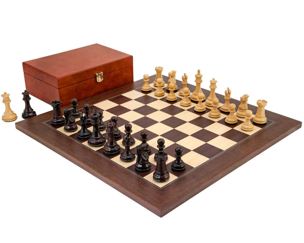 Windsor Rosewood and Montgoy Palisander Chess Set with 3 inch King and luxury burl case on exquisite chess board.