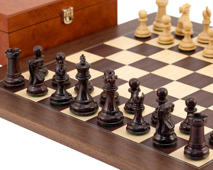 Windsor Rosewood and Montgoy Palisander Chess Set with 3-inch king, handcrafted pieces on a luxurious chess board with burl effect case.