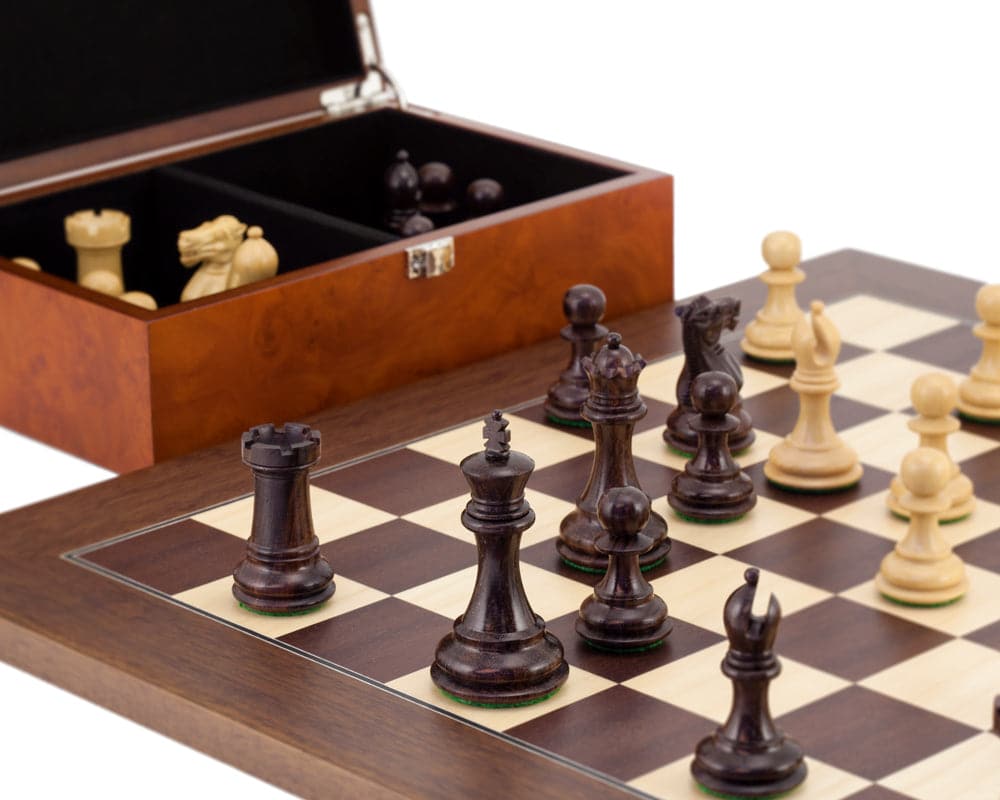 Windsor Rosewood and Montgoy Palisander Chess Set with Burl Effect Case on Chess Board