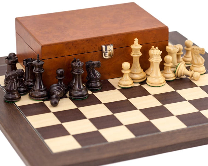 Windsor Rosewood and Montgoy Palisander Chess Set with handcrafted Staunton chessmen, luxurious chess board, and burl effect case.