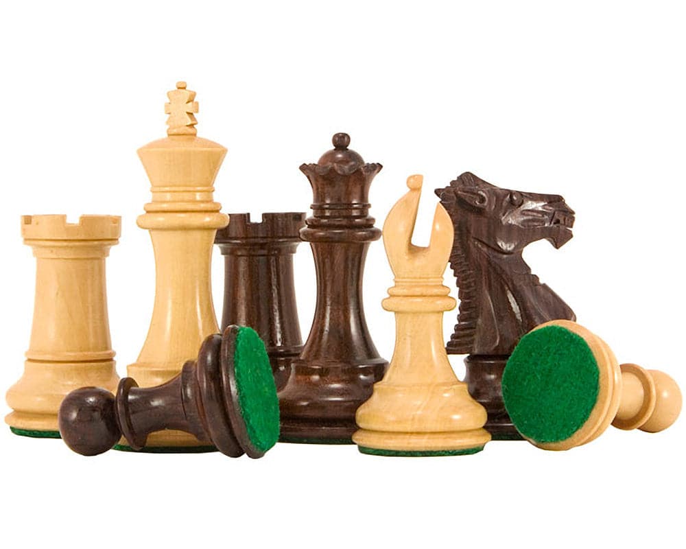 Windsor Rosewood handcrafted Staunton chess pieces with a 3 inch king, weighted for balance, shown with green bases on a white background