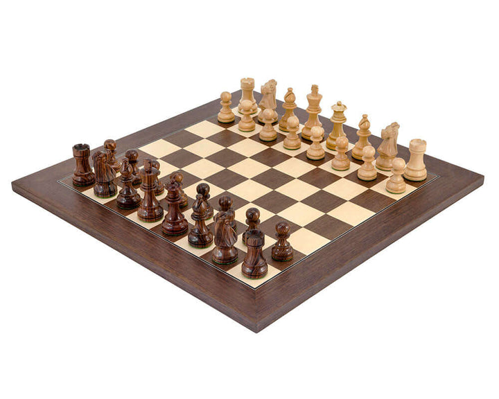 French Knight Montgoy Rosewood Chess Set with handcrafted Staunton design pieces on luxurious rosewood chess board