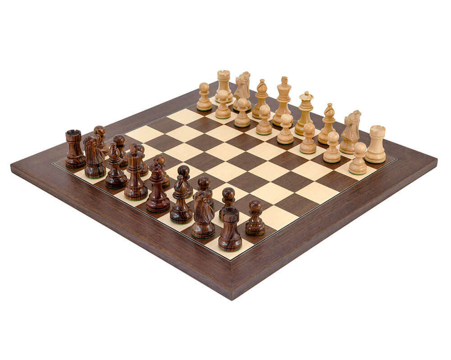 French Knight Montgoy Rosewood Chess Set with handcrafted Staunton design pieces on luxurious rosewood chess board