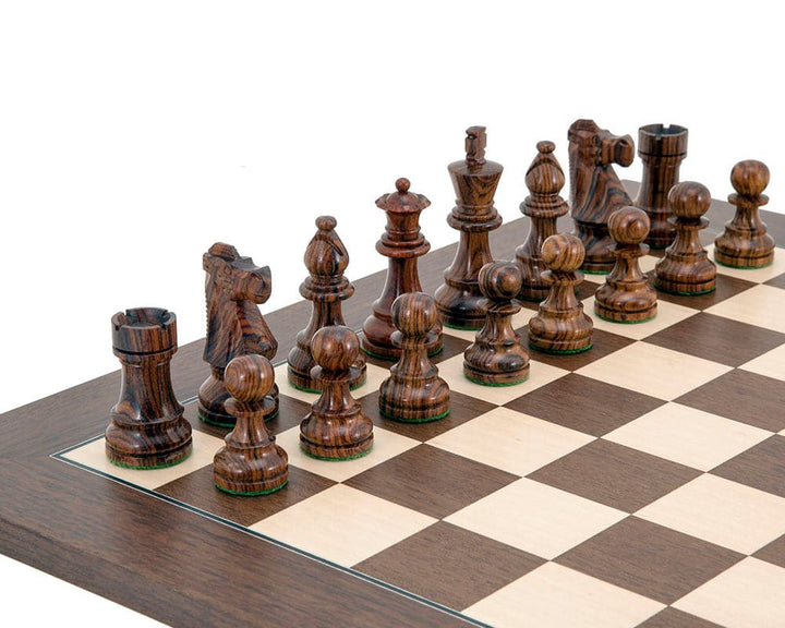 French Knight Montgoy Rosewood Chess Set with 3.25 inch Staunton design pieces on luxurious rosewood board, featuring distinctive grain detail.