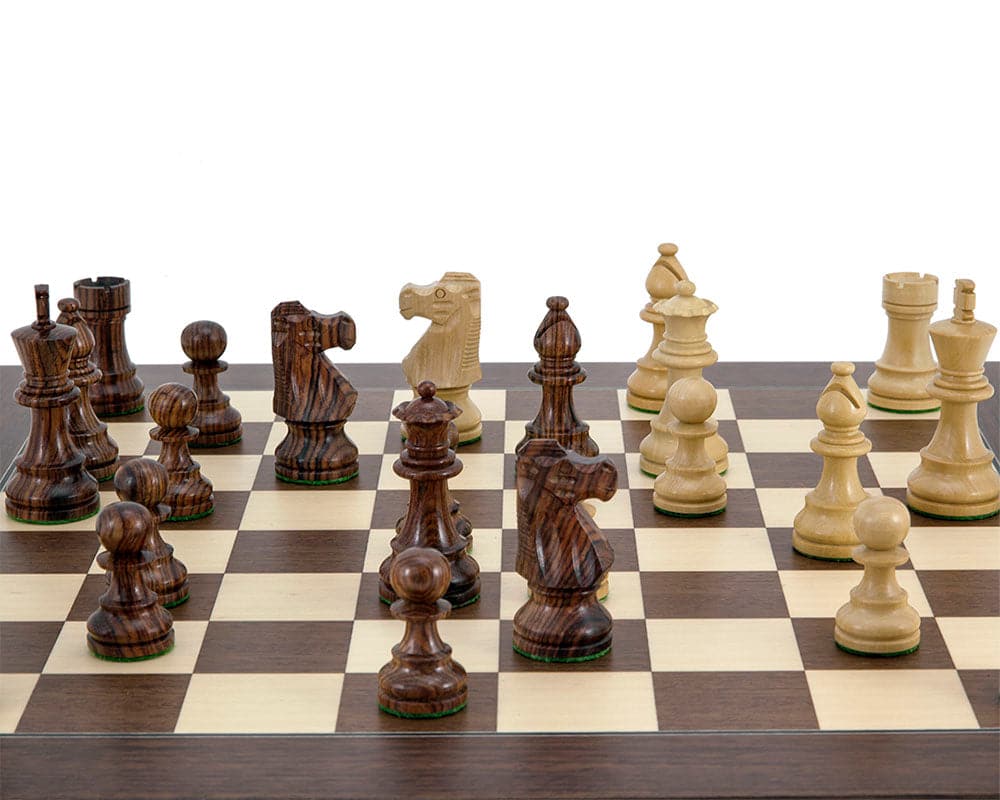 French Knight Montgoy Rosewood Chess Set featuring handcrafted Staunton design pieces on a luxurious rosewood chess board with distinctive grain.