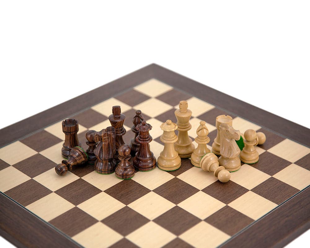 French Knight Montgoy Rosewood Chess Set with 3.25 inch King on luxurious chess board