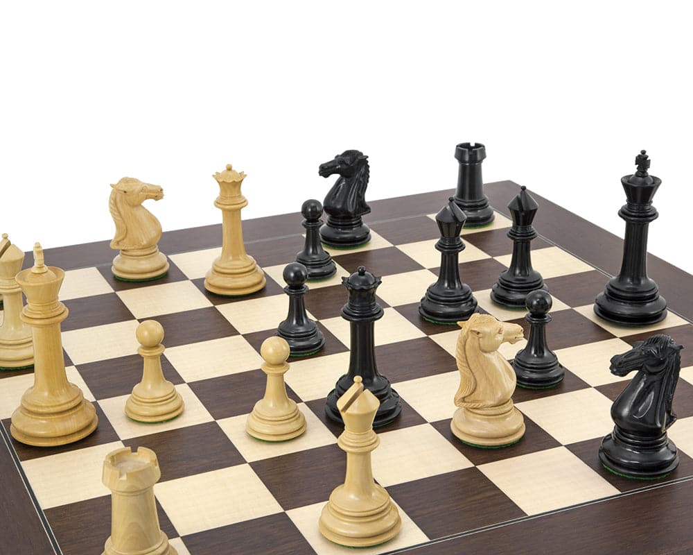 Parthenon Rosewood and Ebony Chess Set on chessboard with luxurious handcrafted chess pieces